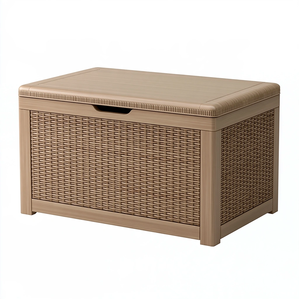 Coffre de rangement 80 x 45 x 50 cm en polypropylène beige tressé avec couvercle style rotin