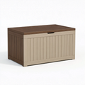 Coffre de rangement extérieur 120 x 60 x 65 cm en plastique effet bois marron et beige avec couvercle