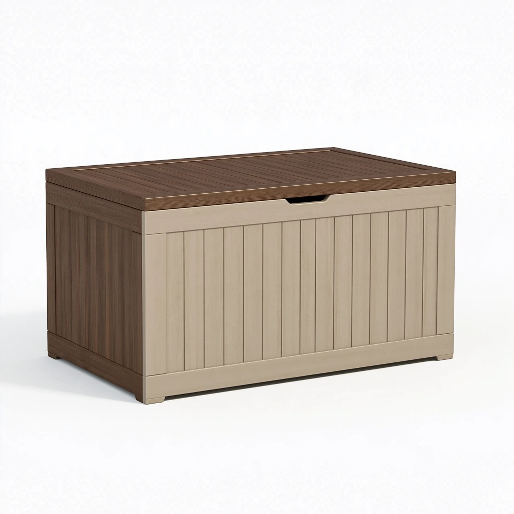Coffre de rangement extérieur 120 x 60 x 65 cm en plastique effet bois marron et beige avec couvercle