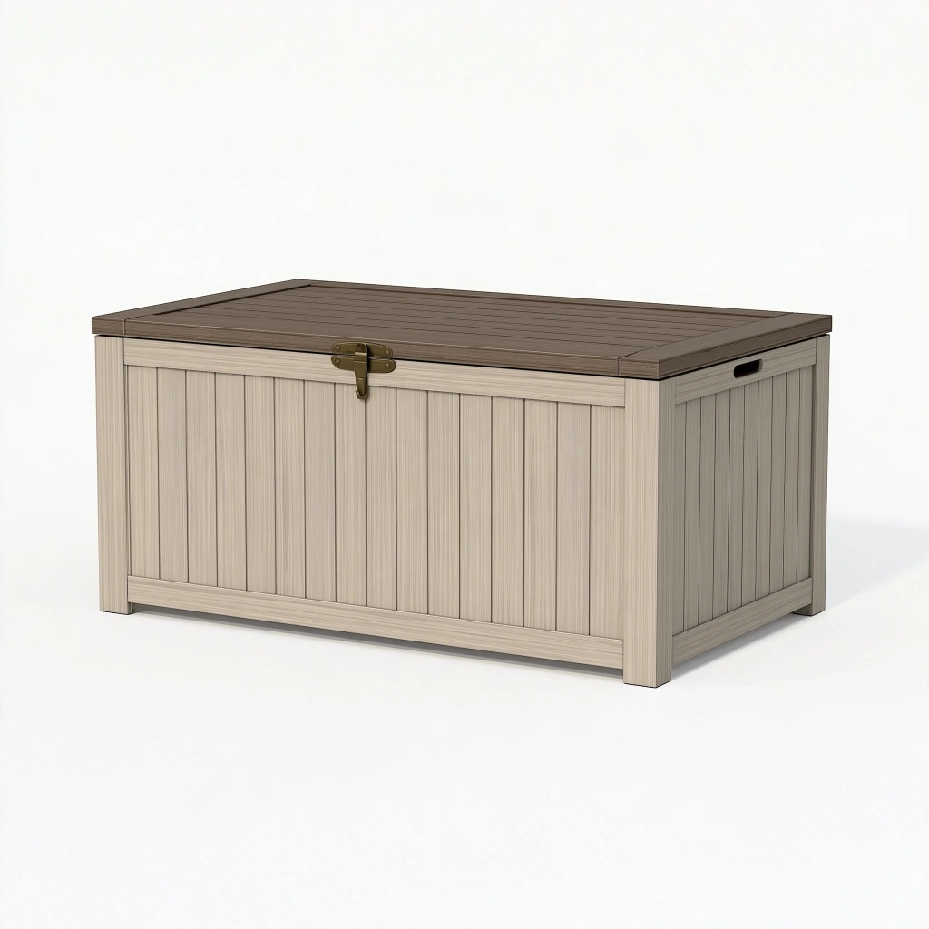 Coffre de rangement extérieur 120 x 55 x 60 cm en polypropylène beige et marron à couvercle verrouillable