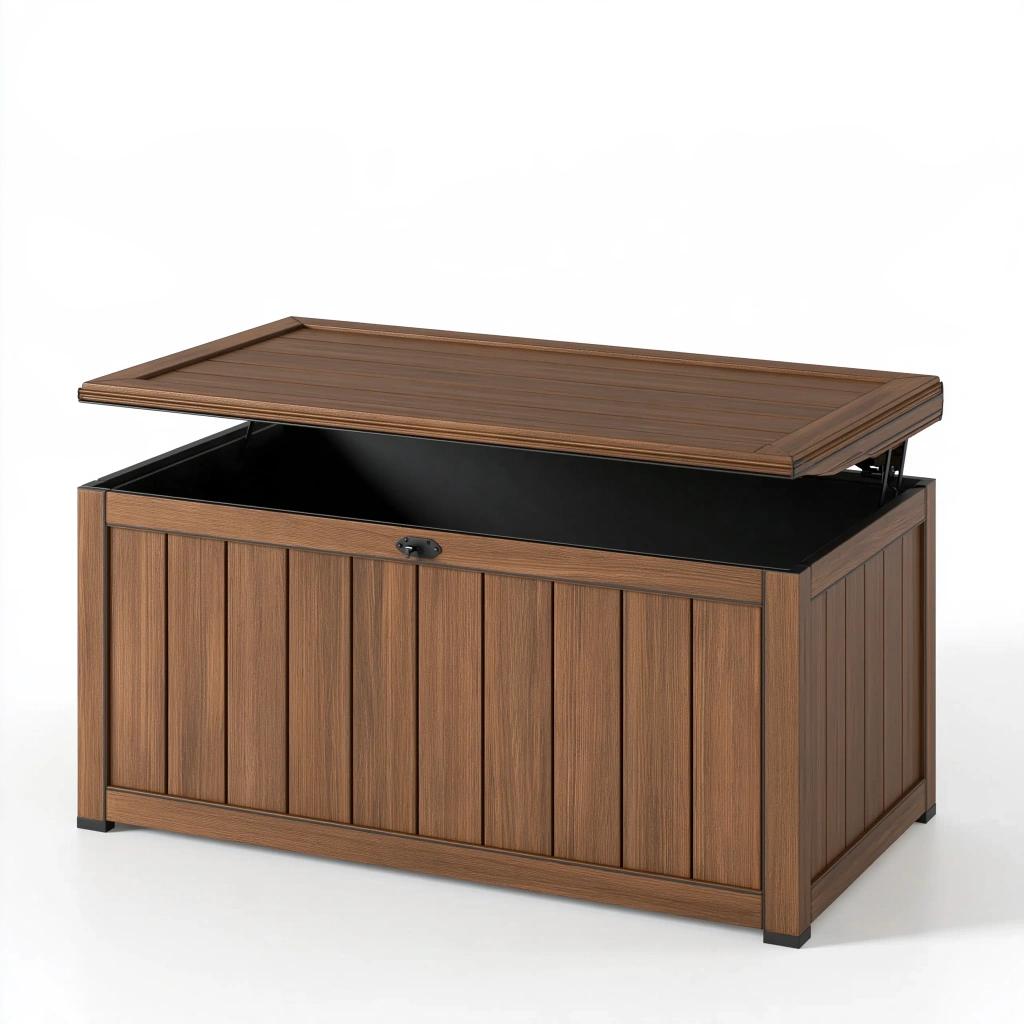 Coffre de rangement extérieur 120 x 60 x 65 cm en résine marron à couvercle relevable