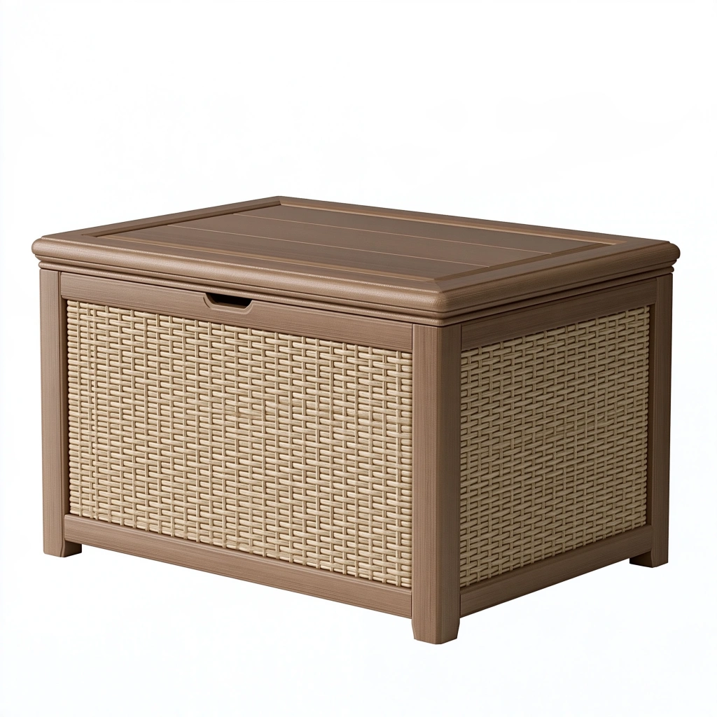 Coffre de rangement extérieur 100 x 50 x 55 cm en résine marron effet tressé avec couvercle