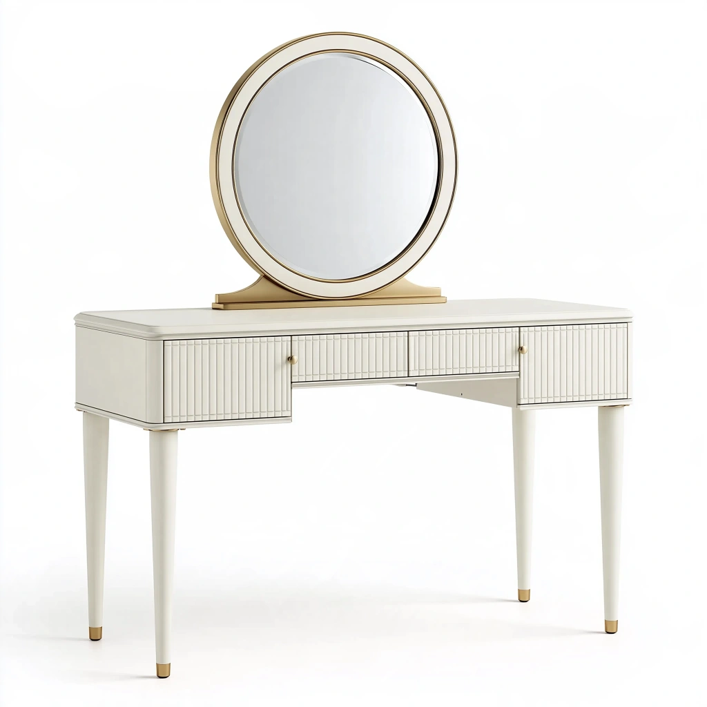 Coiffeuse 120 x 45 x 76 cm en panneaux de bois blanc et doré avec miroir et tiroirs