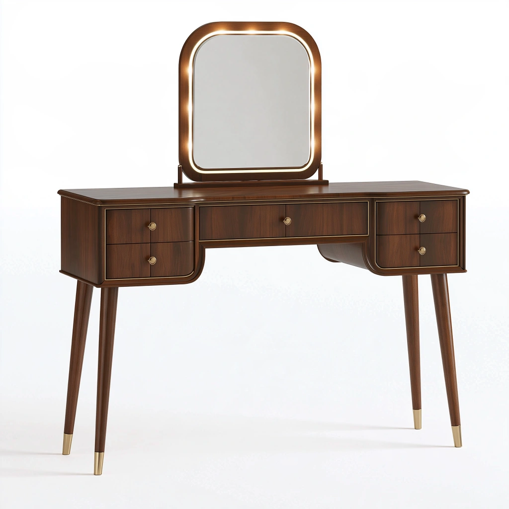 Coiffeuse 120 x 45 x 142 cm en bois brun foncé avec miroir et 5 tiroirs style vintage