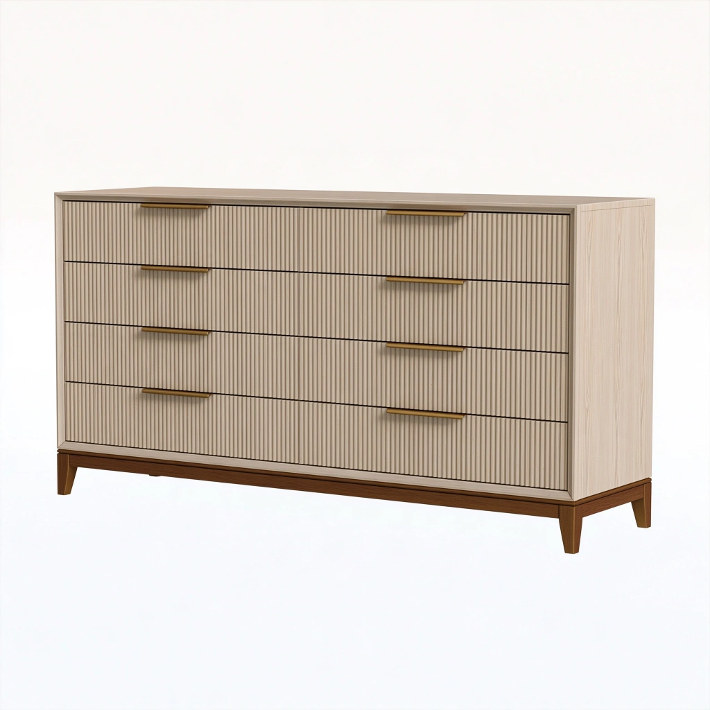 Commode 160 x 45 x 90 cm en bois beige et noyer à 4 tiroirs style contemporain