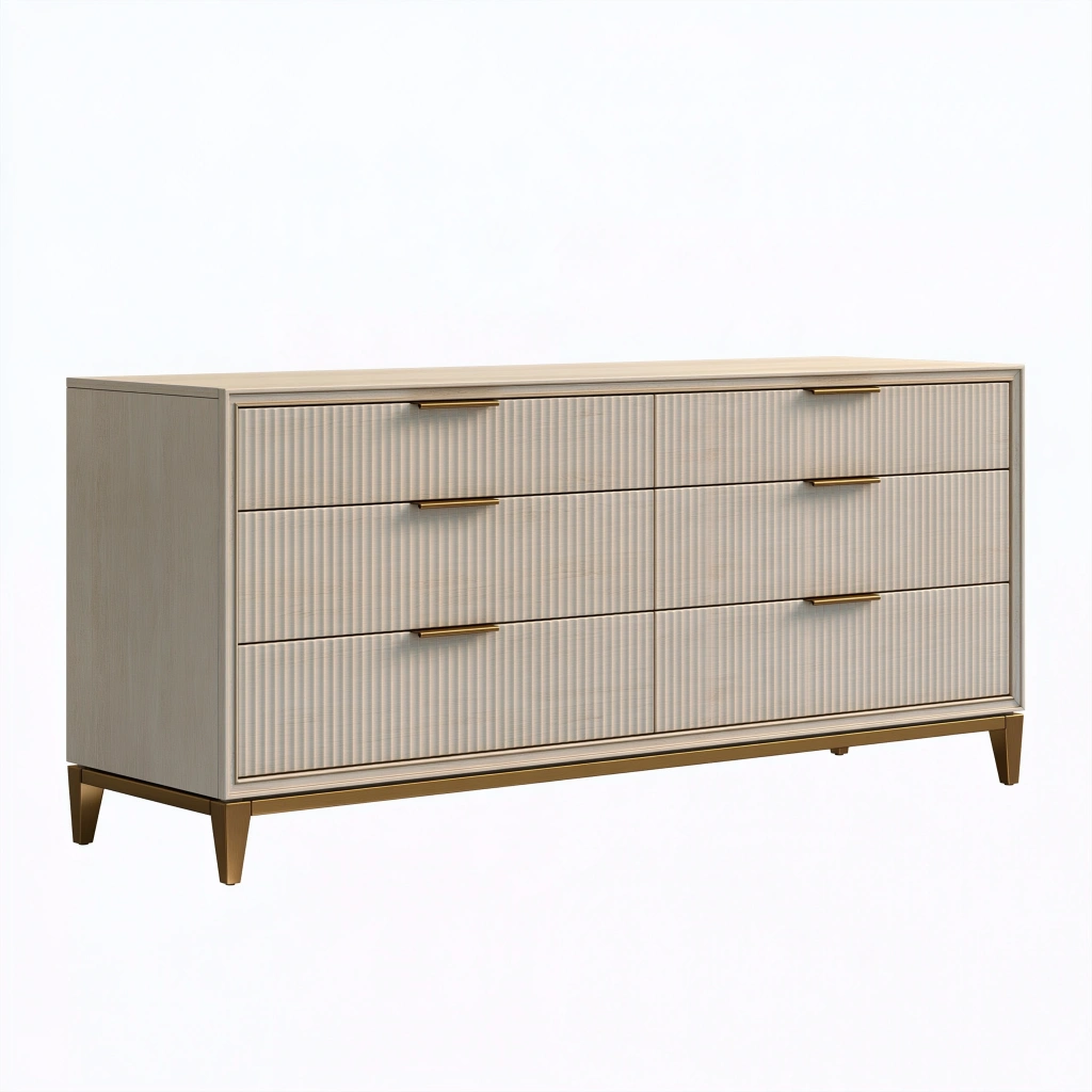 Commode 150 cm x 45 cm x 85 cm effet bois beige avec métal doré style contemporain