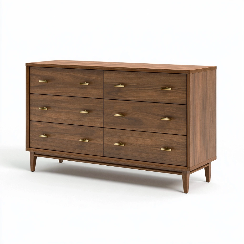 Commode 160 x 45 x 85 cm en bois brun noyer - 6 tiroirs style rétro