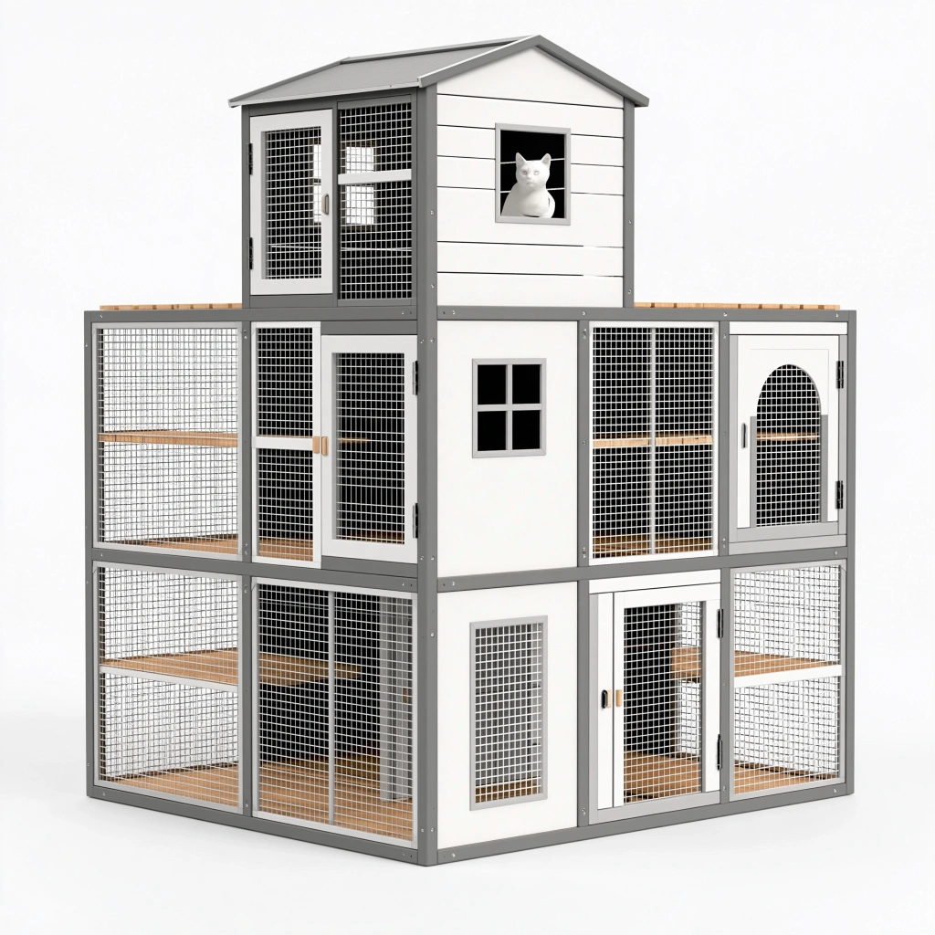 Enclos pour chat 180 x 90 x 210 cm en bois et métal blanc gris à niveaux
