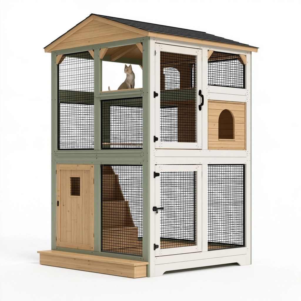 Enclos pour chat 120 x 90 x 180 cm en bois naturel vert et blanc avec grillage pour extérieur