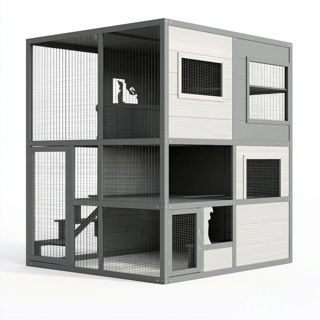 Enclos pour chat 120x80x180 cm gris et blanc en bois avec grillage métallique - habitat extérieur à niveaux