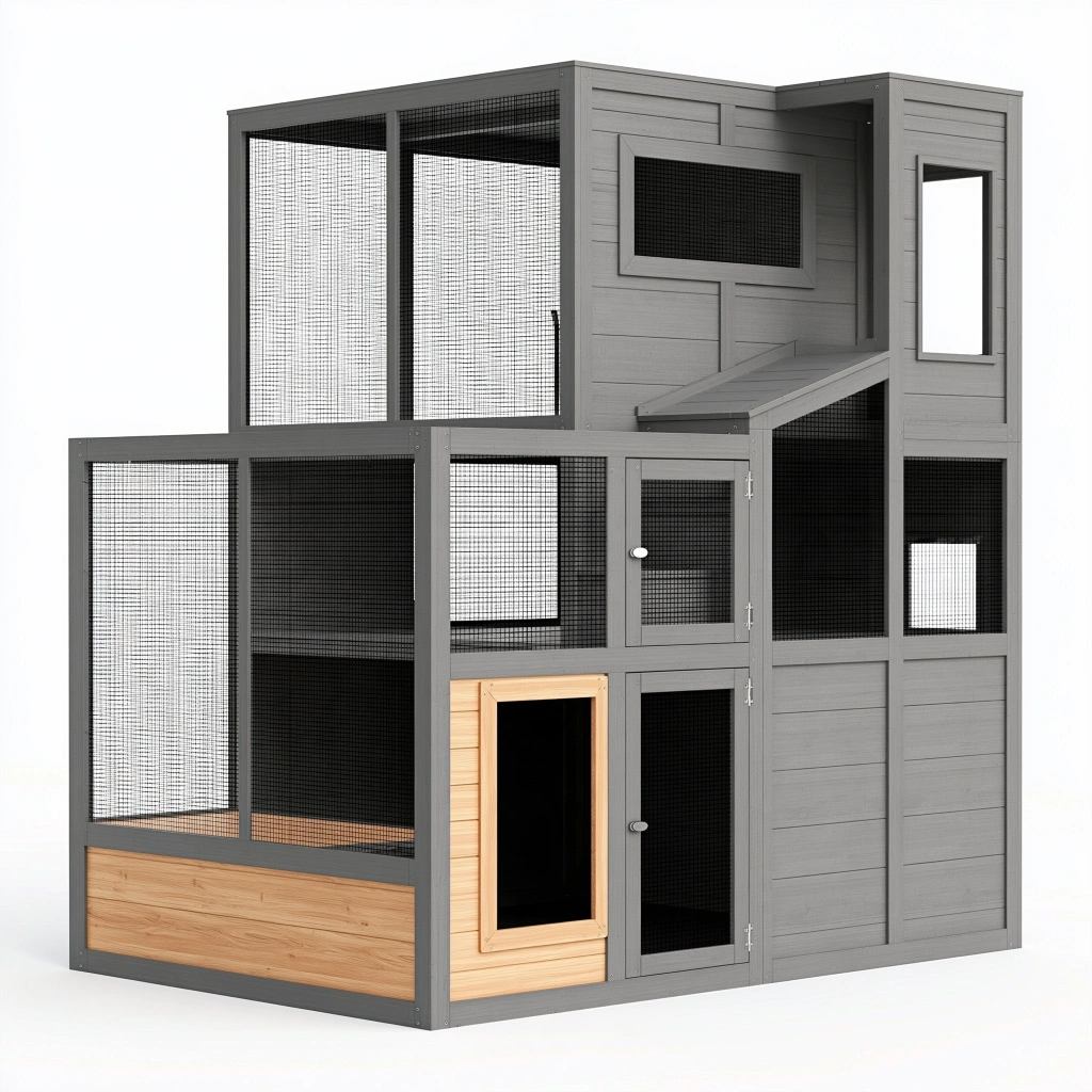 Enclos pour chats 180 x 100 x 200 cm en bois gris avec grillage - extérieur à plusieurs niveaux