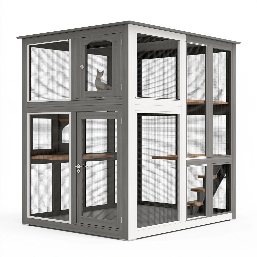 Enclos pour chat 180 x 120 x 200 cm en bois gris blanc grillagé avec plateformes