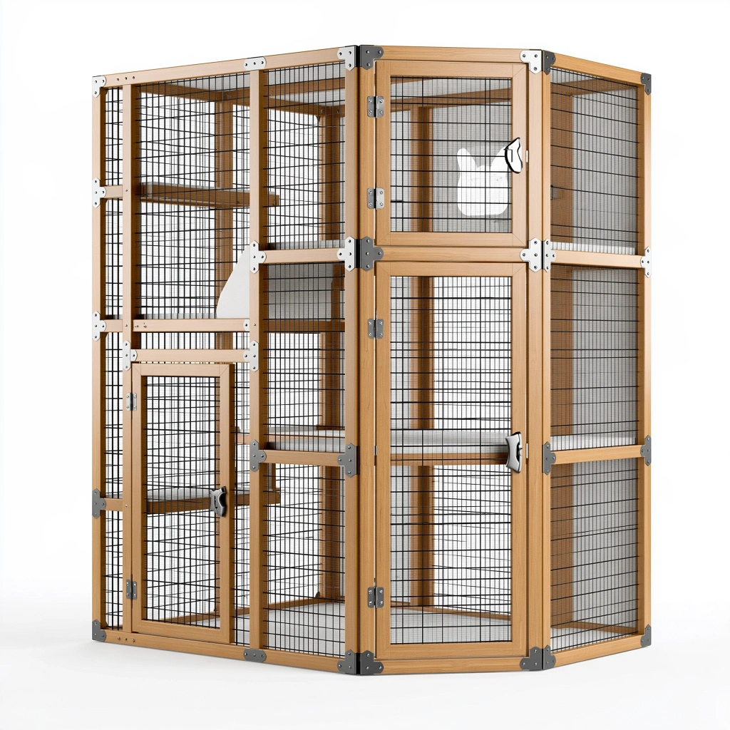 Enclos pour chat 120 x 60 x 180 cm en bois naturel et métal noir avec plateformes
