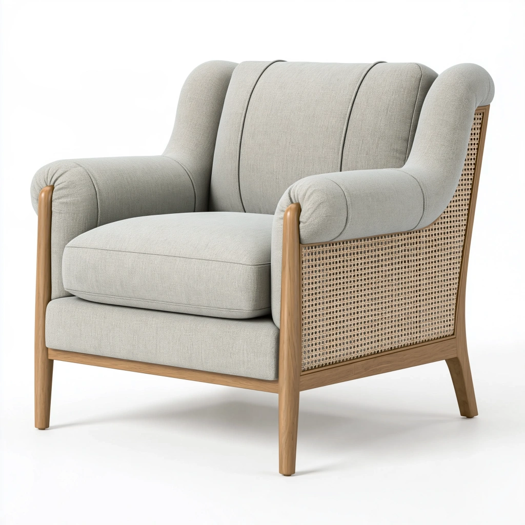 Fauteuil 85 x 88 x 95 cm en tissu gris et bois avec cannage style rétro