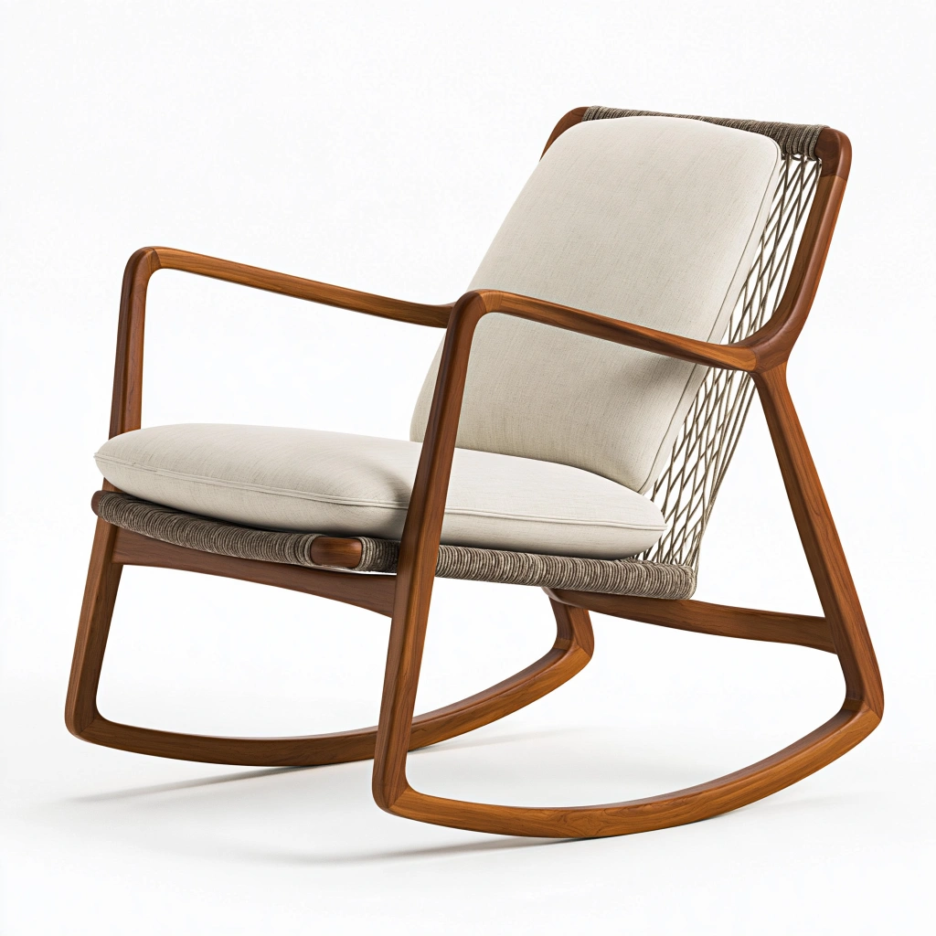 Fauteuil à bascule 75 x 90 x 95 cm en bois brun et tissu beige style scandinave