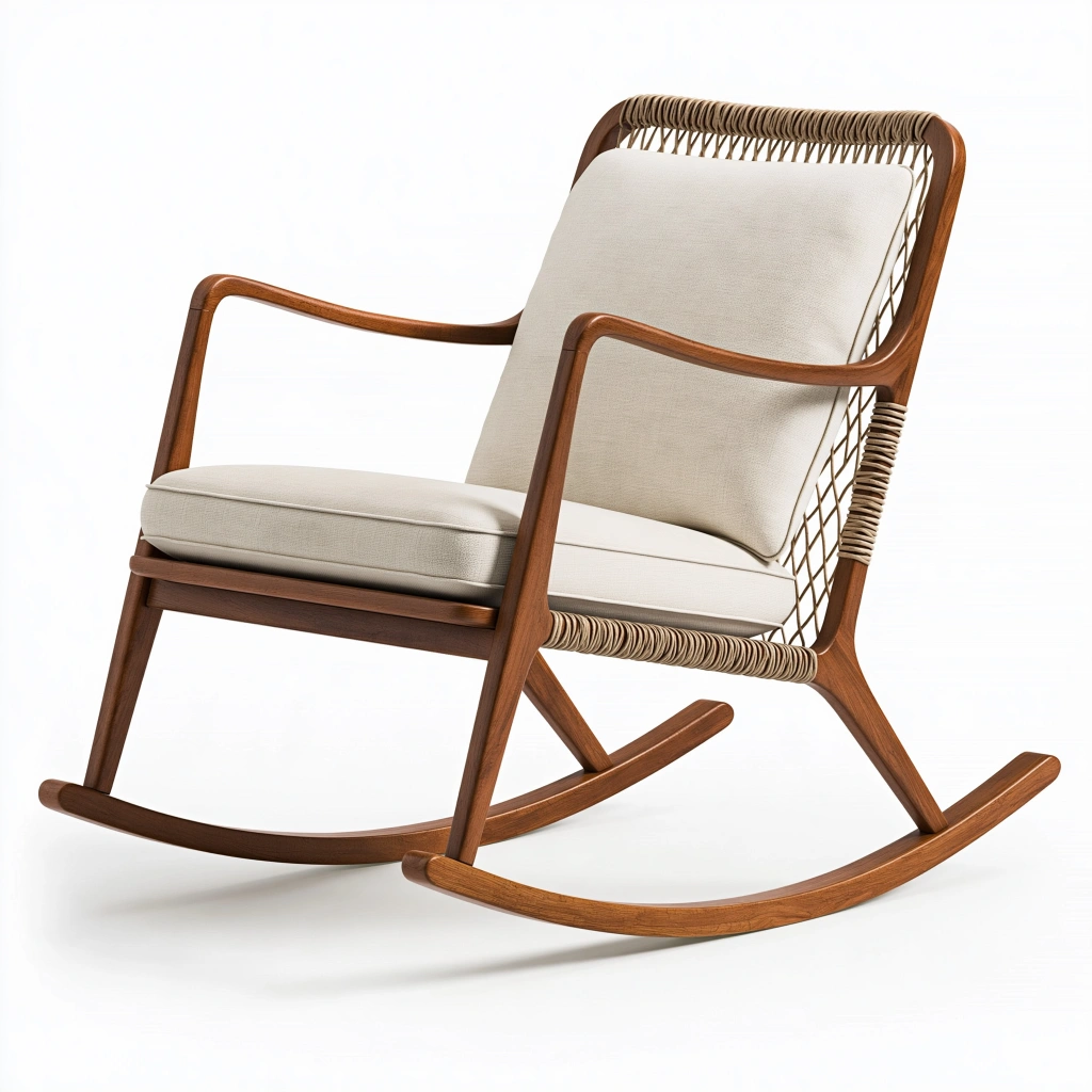 Fauteuil à bascule 70 x 95 x 98 cm en bois brun et corde tressée avec assise beige style naturel