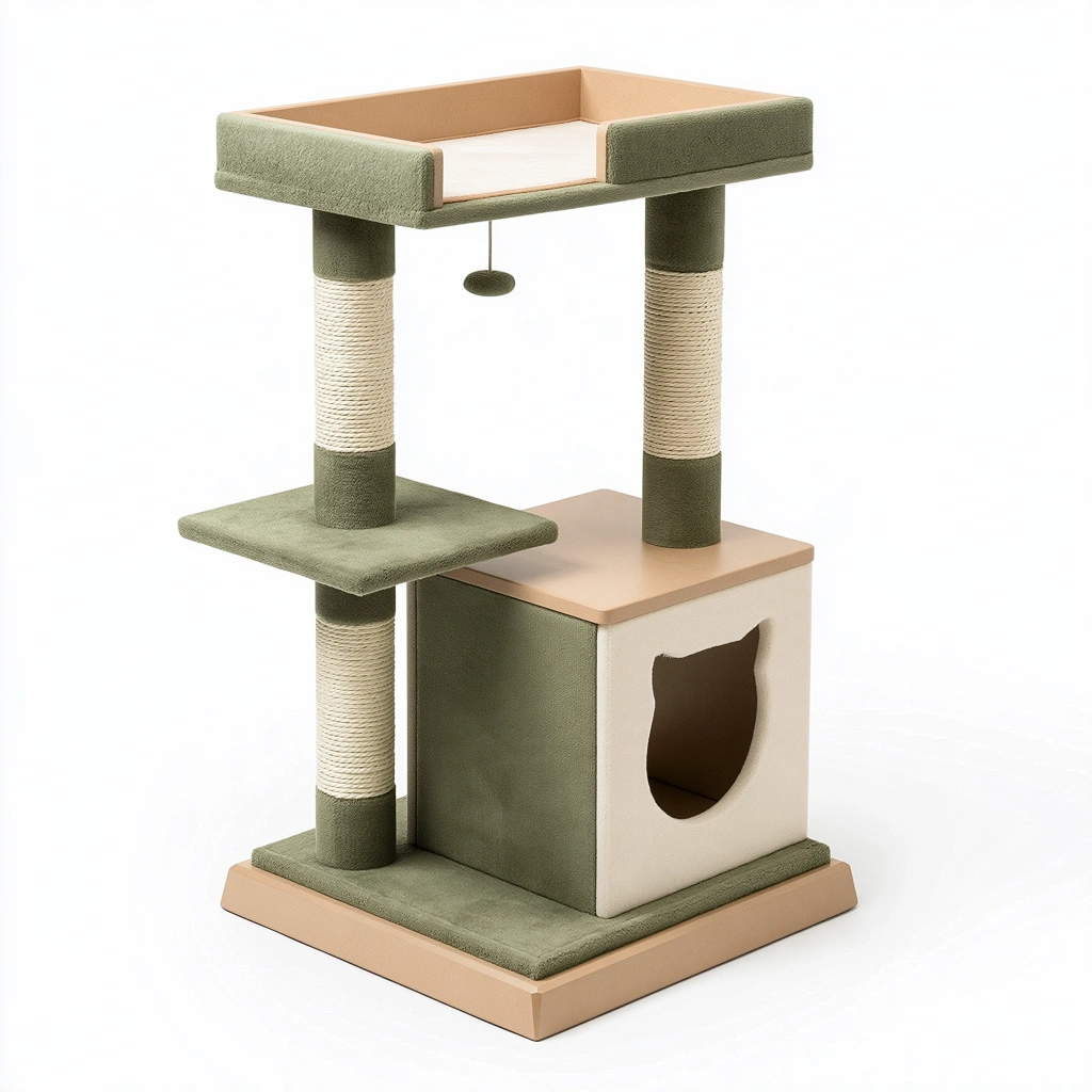 Arbre à chat 50 x 50 x 100 cm en sisal vert et beige avec niche et plateformes