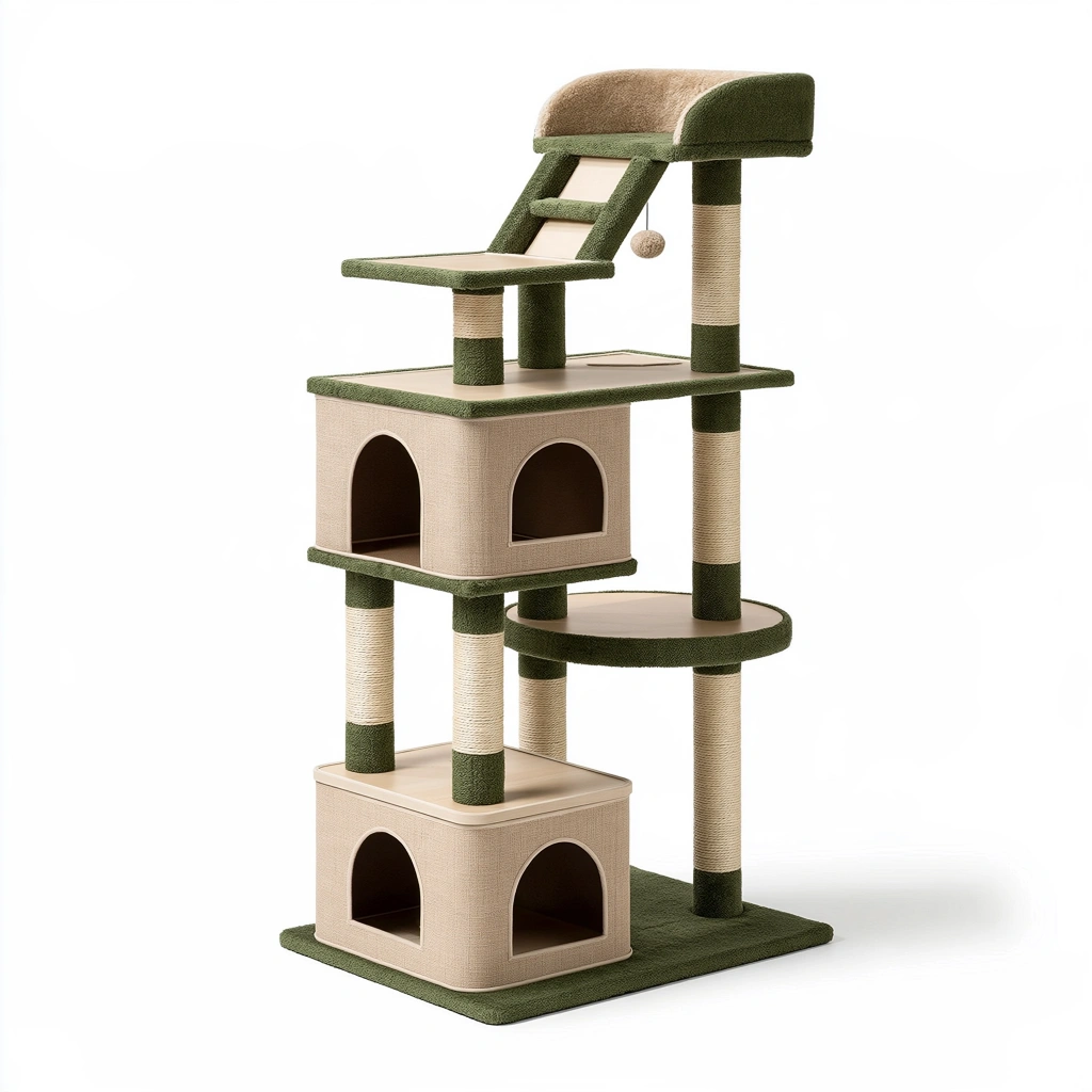 Arbre à chat 60 x 50 x 150 cm en sisal et tissu vert beige avec niches plateformes et rampe