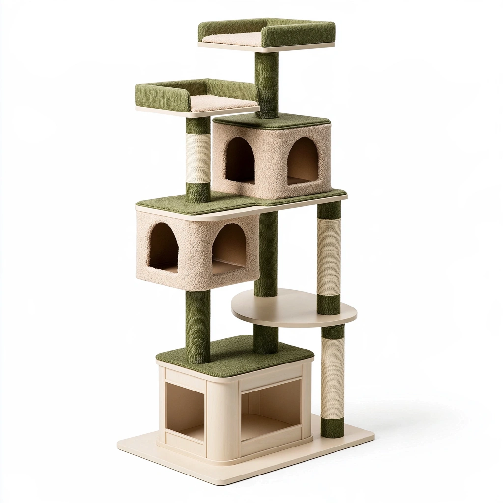 Arbre à chat 60 x 50 x 180 cm en tissu vert et beige avec plateformes et niches