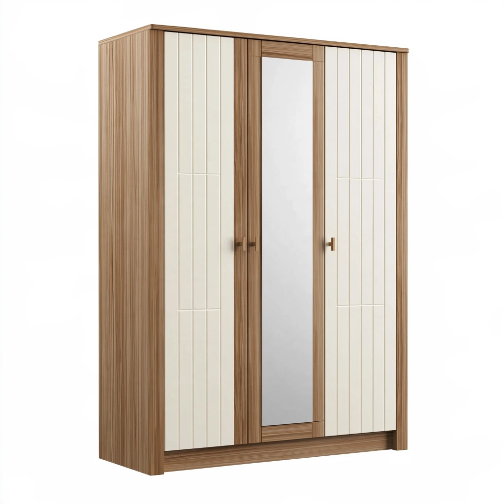 Armoire 180 x 60 x 220 cm en panneaux de bois marron et blanc avec miroir et portes battantes