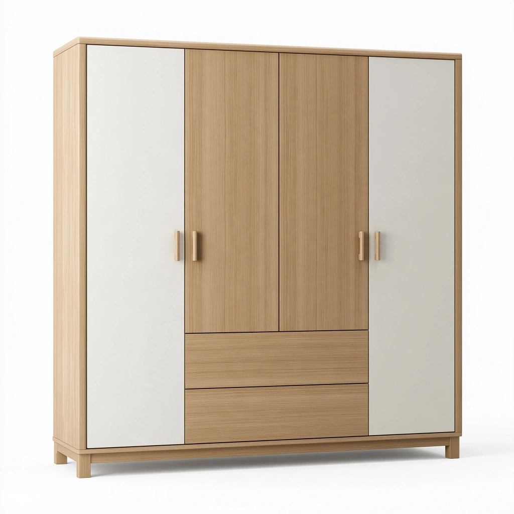 Armoire 180 x 55 x 200 cm en bois beige et blanc à 4 portes avec tiroirs style moderne