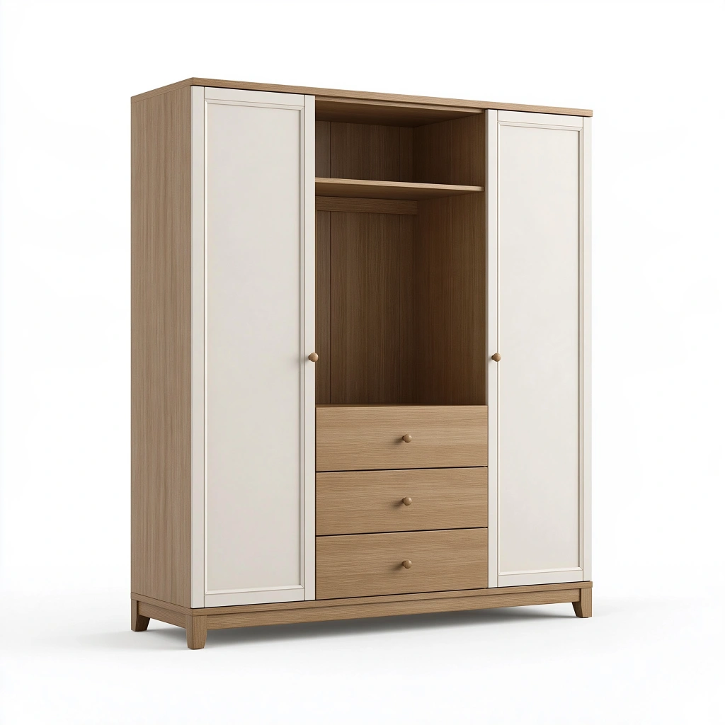 Armoire 140 x 55 x 200 cm effet bois naturel et blanc avec penderie et tiroirs